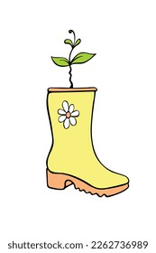 Vector outline rubber rain boot with plant sprout, seedling. Cute seasonal spring color illustration. Shoes as pot. Design element, clip art in doodle style, isolated