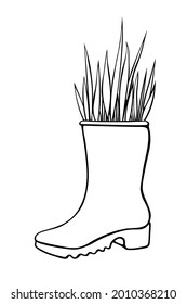 Vector outline rubber rain boots with decorative grass, plant. Cute seasonal spring floral illustration. Shoes as vase. Hand drawn design element, clip art in doodle style, isolated
