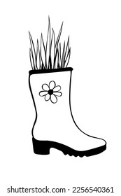 Vector outline rubber rain boots with decorative grass, plant. Cute seasonal spring floral illustration. Shoes as vase. Hand drawn design element, clip art in doodle style, isolated