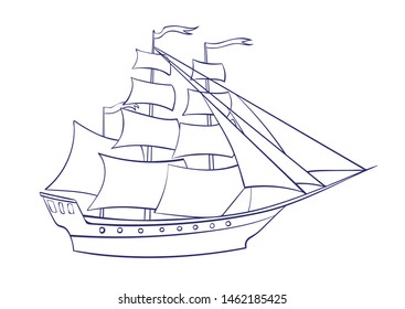 Vector outline sailing ship. Graphic cartoon illustration, frigate image isolated on white background for coloring book.