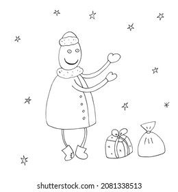 Vector outline of Santa Claus. Vector outline of the Snow Maiden. Merry business frost. Funny Snow Maiden. Isolated. Coloring pages for children and adults. Drawn by hand. Cartoon.