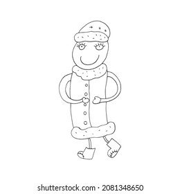 Vector outline of Santa Claus. Vector outline of the Snow Maiden. Merry business frost. Funny Snow Maiden. Isolated. Coloring pages for children and adults. Drawn by hand. Cartoon.