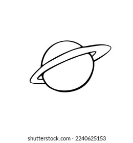Vector outline Saturn, Planet, satellite, space object. Simple design element, icon, clip art on the theme of cosmos, UFO. Doodle primitive illustration.