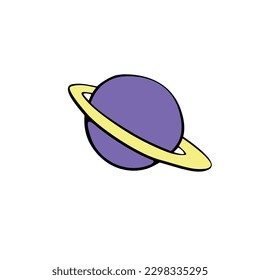 Vector outline Saturn, Planet, satellite, space object in doodle flat style. Simple color design element, icon, clip art on theme of cosmos, astronomy, kids design