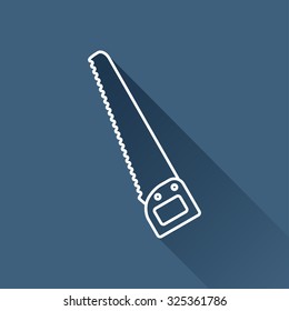 Vector outline saw icon on dark blue background with long shadow . Industrial equipment 