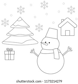 Vector outline scene of Christmas tree, snowman, gift box and house, 