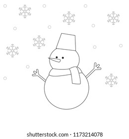 Vector outline scene of snowman and snowflakes. 