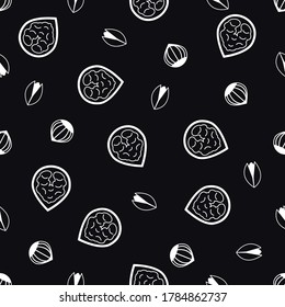 Vector outline seamless pattern with assorted nuts Whole and shelled walnuts, pistachios and hazelnuts on black background