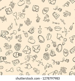 vector outline seamless pattern illustration in the style of children's scribbles on the theme of Valentine's day, for design and background can be replaced