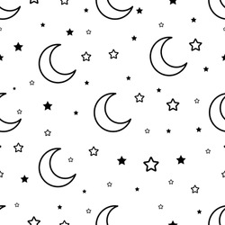 Vector Outline Seamless Pattern With Stars And Moon. Vector Background For Gift Wrapping Paper, Fabric, Clothes, Textile, Surface Textures, Scrapbook. Ramadan Or Good Night Concept Texture.