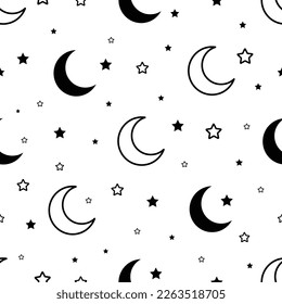 Vector Outline Seamless pattern with stars and moon. Vector background for gift wrapping paper, fabric, clothes, textile, surface textures, scrapbook. Ramadan or good night concept texture.