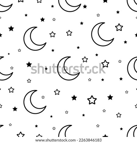 Vector Outline Seamless pattern with stars and moon. Vector background for gift wrapping paper, fabric, clothes, textile, surface textures, scrapbook. Ramadan or good night concept texture.