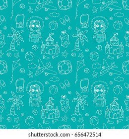 Vector outline seamless pattern with sun, beach, boat , swimming suit, girl in sunglasses, sand castle, barbecue party. 