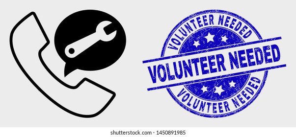 Vector outline service phone call pictogram and Volunteer Needed seal stamp. Blue rounded distress seal stamp with Volunteer Needed caption. Black isolated service phone call icon in contour style.