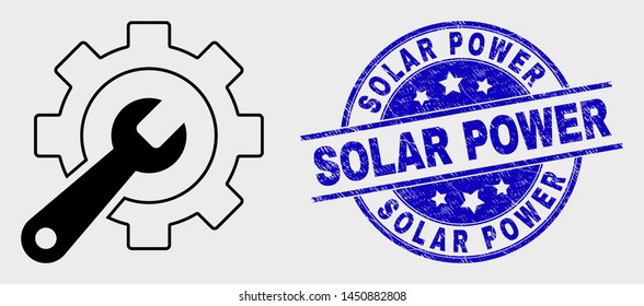 Vector outline service tools pictogram and Solar Power seal stamp. Blue rounded textured seal stamp with Solar Power title. Black isolated service tools icon in outline style.