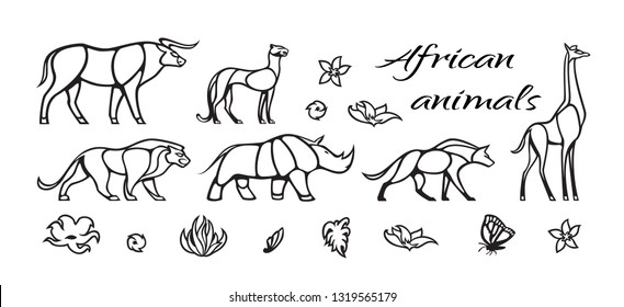 Vector outline set of african animals with lion, buffalo, hyena, giraffe, rhinoceros, cheetah. Black and white illustration isolated on white background. 