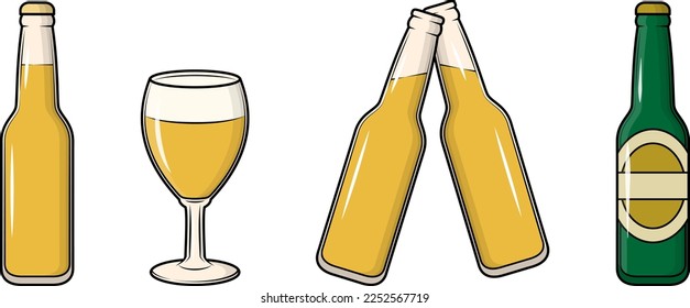 Vector outline set of beer. Illustration for bar or party. Clinking bottles. Cheers!