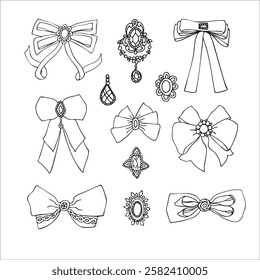 Vector outline set of bows and broches, hand drawn. 