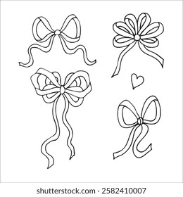 Vector outline set of curvy bows and heart, coquette barocco style, doodle, hand drawn. 