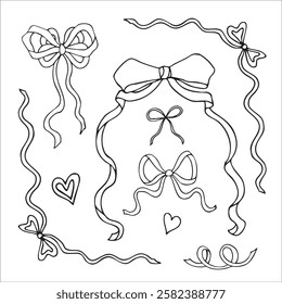 Vector outline set of different curvy bows, coquette style, doodle, hand drawn. 