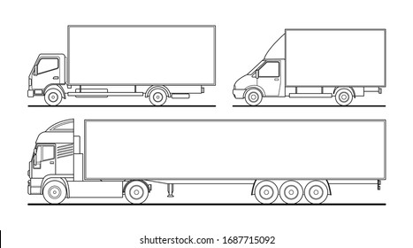 Vector outline set of different trucks, semitrailer. Blank template truck for advertising, for coloring books. Freight transportation. Modern flat vector illustration isolated on white background.