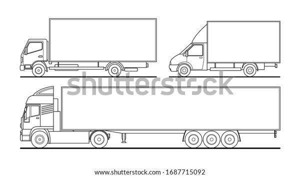 Vector outline set of different trucks,\
semitrailer. Blank template truck for advertising, for coloring\
books. Freight transportation. Modern flat vector illustration\
isolated on white\
background.