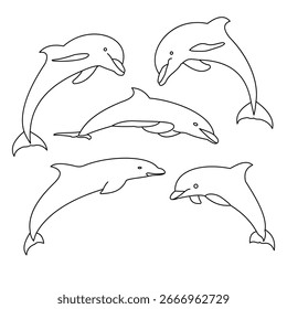 Un conjunto de delfines de contorno de Vector para dibujar y colorear.
