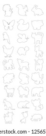 Vector outline set of domestic, farm and wild animals. elephant,Rabbit,Butterfly,Wolf,Bear,Bee,Fox,Parrott,Mouse,Horse,Lion,Kangaroo,Zebra,Tortoise,Giraffe,Tiger,Deer,Sheep,Dog,Rhino,Hippo and Monkey
