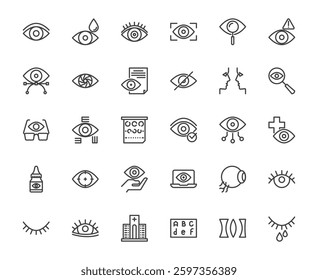Vector outline set of eye and related such eyeball, tear, hidden password, health and robot eye technology concept, 48x48 pixel perfect editable stroke line for ux ui website, mobile application using