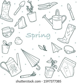 vector outline set of garden spring items.  watering can, cottage tools, rubber boots, vegetable sprouts, potted flowers, birdhouse, umbrella and vintage dishes are isolated on a white background.