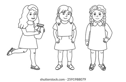 Vector Outline Set of Illustration of Cute Little Girls Isolated on White Background