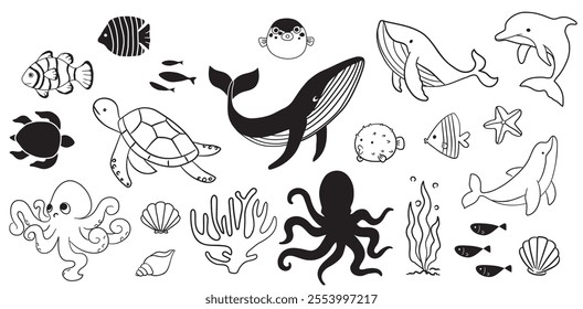 Vector outline set of ocean objects. Beautiful underwater world in line style.