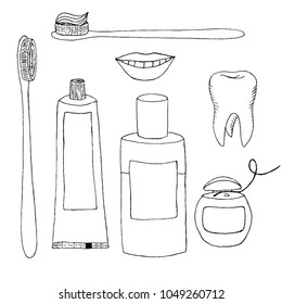 
Vector outline set on a dental theme, toothbrushes, toothpaste, dental floss, mouth rinse, smile with teeth and tooth, hand drawn sketch