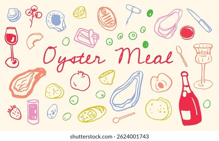 Vector outline set of oysters, lemons, olives and wine. Vintage hand drawn illustrations for food, for restaurant and cafe menu. 