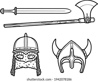 Vektorgrafik-Set skandinavischer Wikungshelme und Waffen
