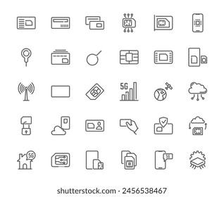 Vector outline set of smartphone sim card or signal related thing, 48x48 pixel perfect of each icon, editable stroke, for slide show, media and web application, ux, ui design