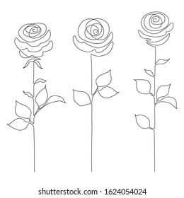 vector outline set of three similar elegant roses isolated on white