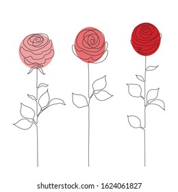 vector outline set of three similar elegant roses with different shades of red, isolated on white
