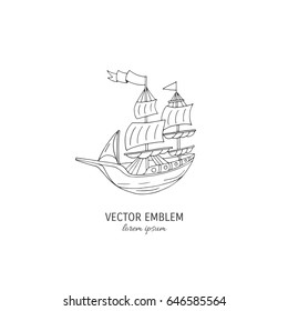 Vector outline ship with isolated on white background. Cartoon  illustration 