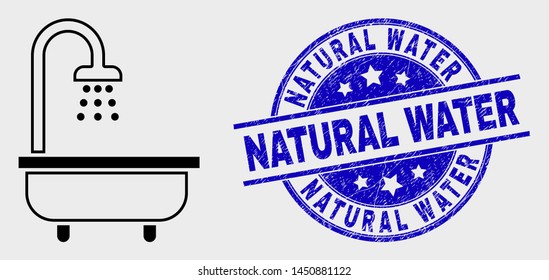 Vector outline shower bath pictogram and Natural Water stamp. Blue round scratched stamp with Natural Water title. Black isolated shower bath pictogram in contour style.