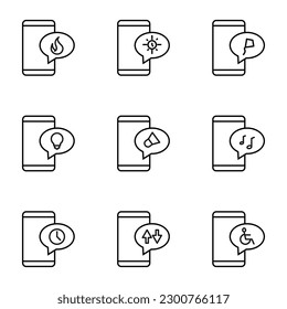 Vector outline signs and symbols drawn in flat style with black thin line. Editable strokes. Line icons of flame, clock, kite, light bulb in speech bubble by smartphone 