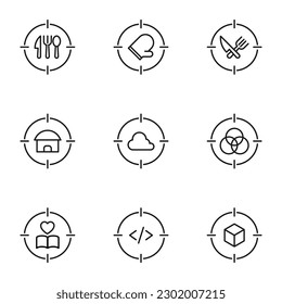 Vektor-Umrisszeichen und Symbole, die in flachem Stil mit schwarzer, dünner Linie gezeichnet werden. Bearbeitbare Striche. Liniensymbole der Küchenausrüstung, der Gesichtsbekleidung, der Wolke, der Kreise, des Würfels 