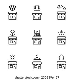 Vector outline signs and symbols drawn in flat style with black thin line. Editable strokes. Line icons of open box, suitcase, scales, cube, cinema hall and other items over shop 