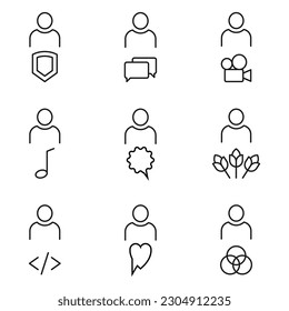 Vector outline signs and symbols drawn in flat style with black thin line. Editable strokes. Line icons of user by shield, speech bubble, coding, heart, flowers