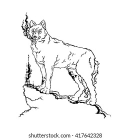 Vector outline silhouette isolated image of a wolf on a rock, bloody wolf. Blood on the wolf fur.