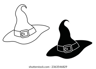 Vector Outline and Silhouette Style Halloween Witch Hat Line Icons Set, outline and filled witch hat designs, linear and full pictogram isolated on white background Halloween Symbol  Logo Illustration