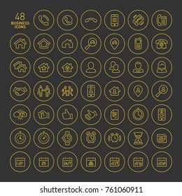 Vector outline simple business icons in circle button. Big set of thin office symbols with phone, home, user, handshake, clock and calendar.