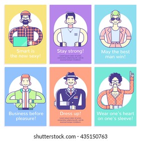 Vector outline simple set of six motivational cards with cute man characters. Beauty and fashion. Female avatar icon.