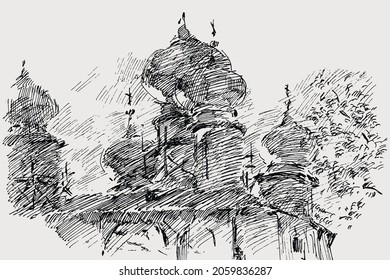 Vector outline sketch of domes ancient orthodox church
