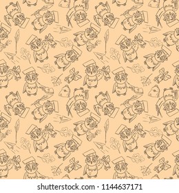 vector, outline sketch seamless pattern, illustration on school theme, bird owl holding a variety of school subjects for learning, test tube, briefcase for textbooks, maple leaves and oak